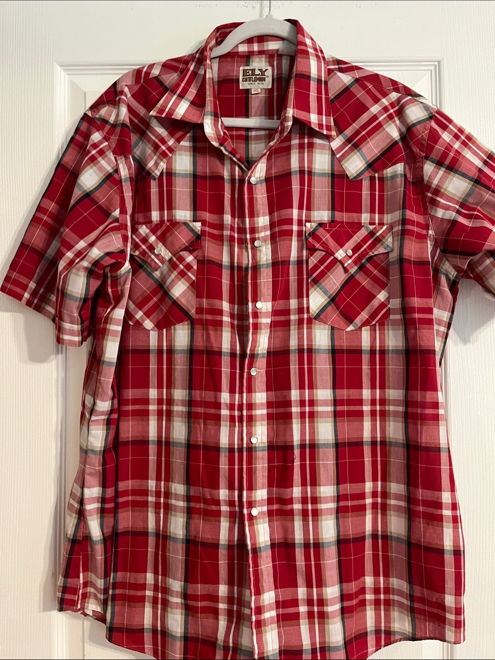 Ely Cattleman Red and White Plaid Short-Sleeve Western Shirt
